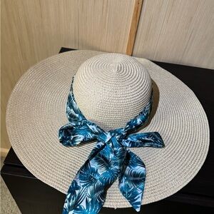 Wide Brim Cream Straw Sun Hat with Tropical Palm Leaf Scarf Bow - OS
